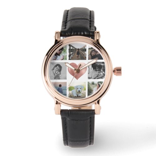 Family Photo Collage Rose Gold Heart Keepsake Chic Watch