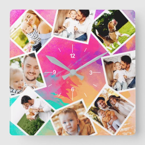 Family Photo Collage Rustic Bright Colors Square Wall Clock