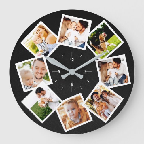 Family Photo Collage Rustic Chalk Large Clock