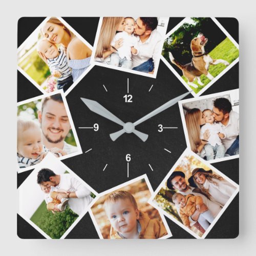 Family Photo Collage Rustic Chalk Square Wall Clock