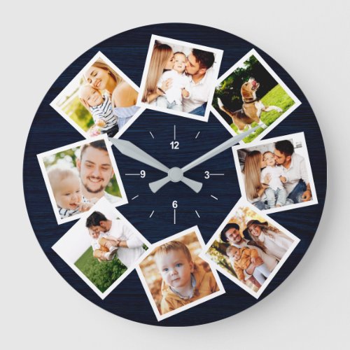 Family Photo Collage Rustic Chic Farmhouse Blue Large Clock