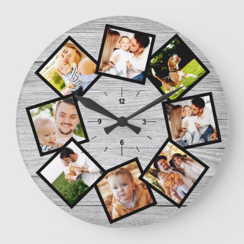 Family Photo Collage Rustic Chic Farmhouse Gray Large Clock