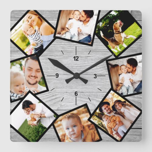 Family Photo Collage Rustic Chic Farmhouse Gray Square Wall Clock