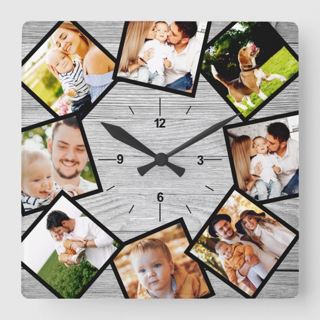 Family Photo Collage Rustic Chic Farmhouse Gray Square Wall Clock (Front)