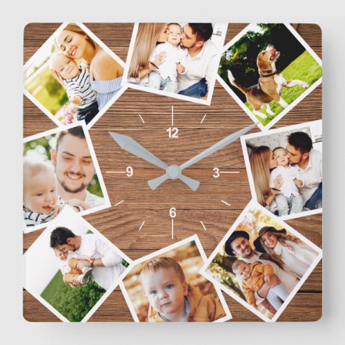 Family Photo Collage Rustic Chic Farmhouse Square Wall Clock