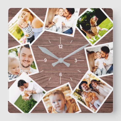 Family Photo Collage Rustic Chic Farmhouse Square Wall Clock