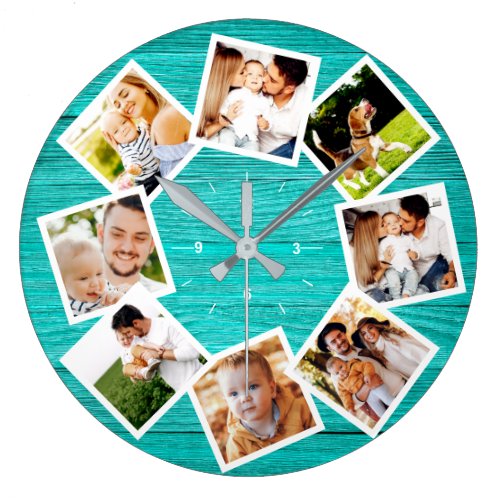 Family Photo Collage Rustic Chic Farmhouse Teal Large Clock