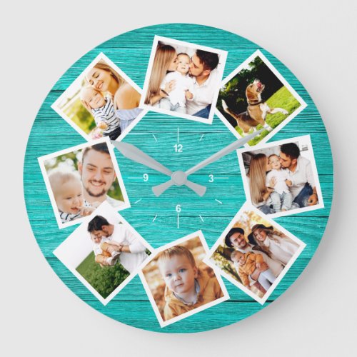 Family Photo Collage Rustic Chic Farmhouse Teal Large Clock