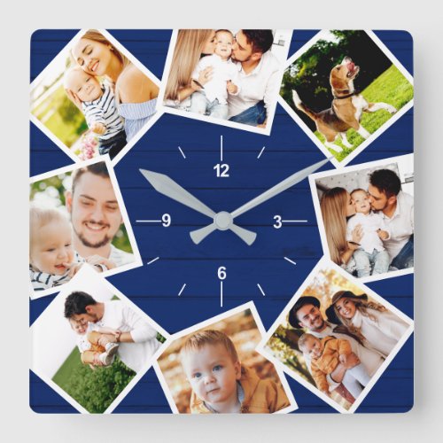 Family Photo Collage Rustic Farmhouse Blue Square Wall Clock