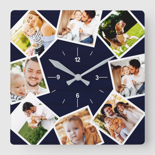 Family Photo Collage Rustic Farmhouse Dark Blue Square Wall Clock (Front)