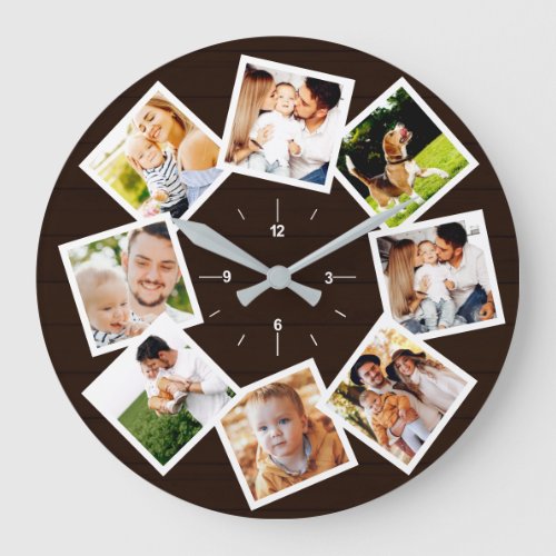 Family Photo Collage Rustic Farmhouse Dark Brown Large Clock