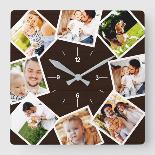 Family Photo Collage Rustic Farmhouse Dark Brown Square Wall Clock