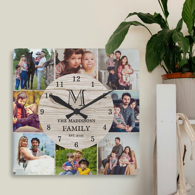 Family Photo Collage Rustic Farmhouse Monogram Square Wall Clock (Creator Uploaded)