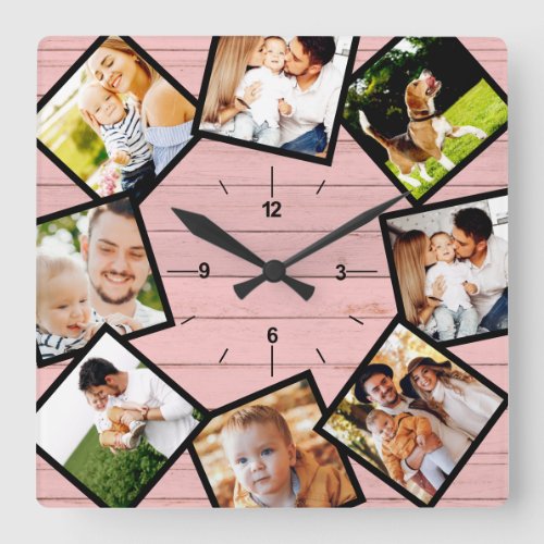 Family Photo Collage Rustic Farmhouse Pink Square Wall Clock