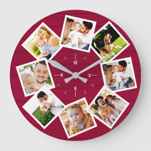 Family Photo Collage Rustic Farmhouse Red Large Clock