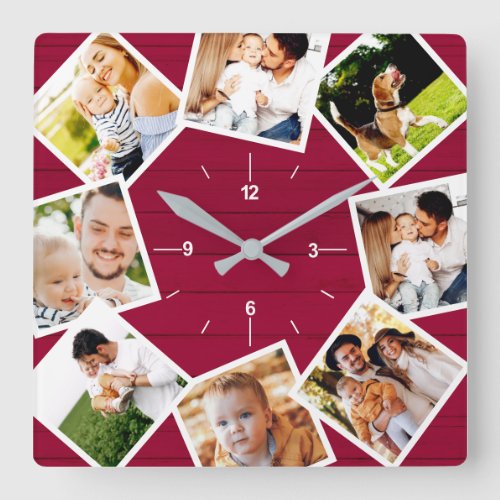 Family Photo Collage Rustic Farmhouse Red Square Wall Clock
