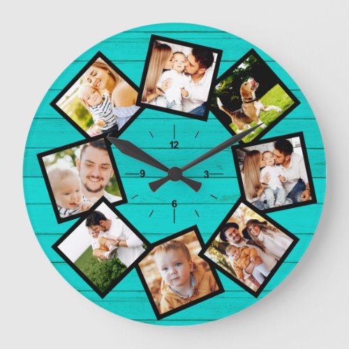 Family Photo Collage Rustic Farmhouse Teal Large Clock