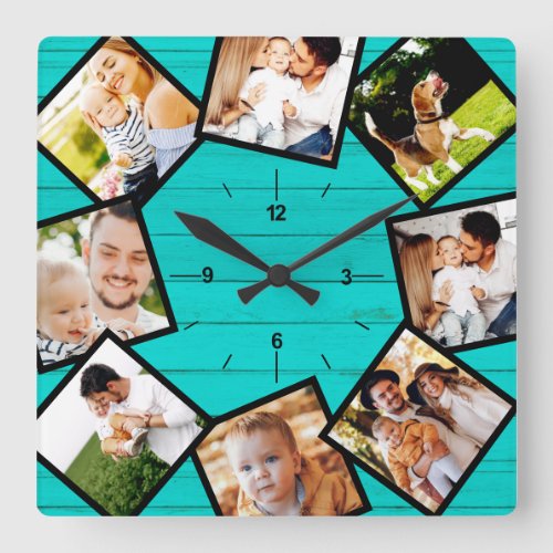 Family Photo Collage Rustic Farmhouse Teal Square Wall Clock