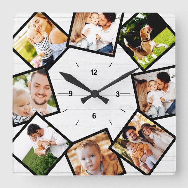 Family Photo Collage Rustic Farmhouse White Square Wall Clock (Front)