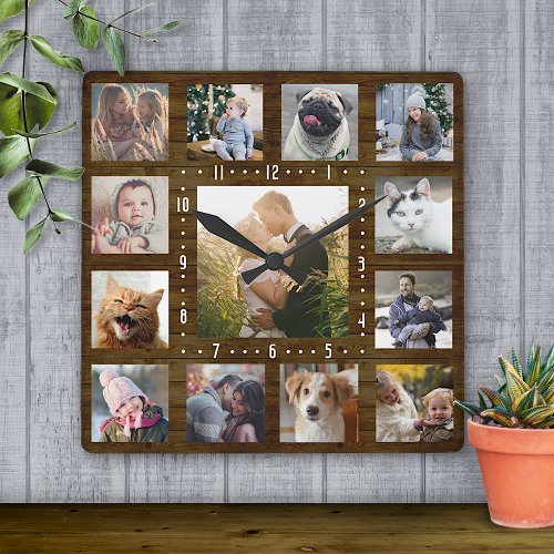 Family Photo Collage Rustic Farmhouse Wood 13 Pics Square Wall Clock