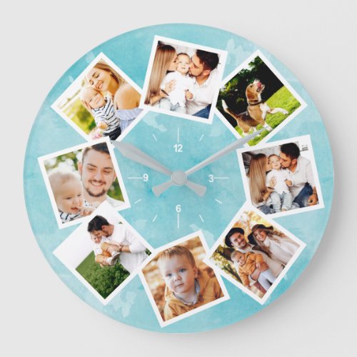 Family Photo Collage Rustic Light Blue Large Clock