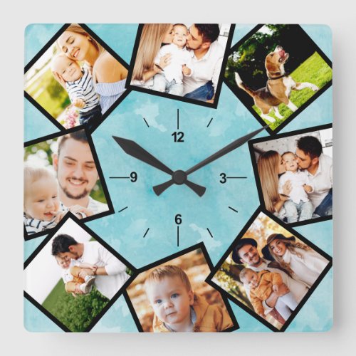 Family Photo Collage Rustic Light Blue Square Wall Clock