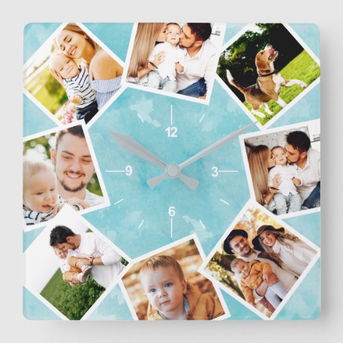 Family Photo Collage Rustic Light Blue Square Wall Clock