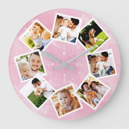 Family Photo Collage Rustic Light Pink Large Clock