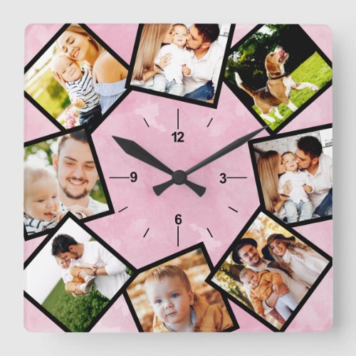 Family Photo Collage Rustic Light Pink Square Wall Clock
