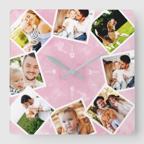 Family Photo Collage Rustic Light Pink Square Wall Clock