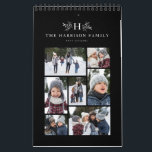 Family photo collage rustic monogram black & cream calendar<br><div class="desc">With a variety of photo shapes, sizes and layouts, this photo calendar makes a perfect family gift. The cover features a collage of 7 photos and a rustic monogram above custom text in white. This calendar with its variety of photo sizes and shapes makes a great grandparent or parent gift!...</div>