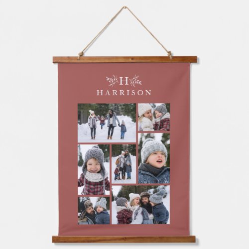 Family photo collage rustic monogram dusty rose hanging tapestry