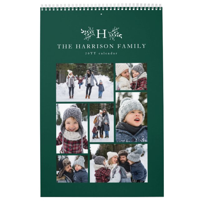 Family photo collage rustic monogram green calendar (Cover)