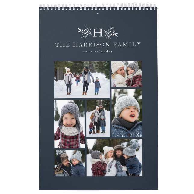 Family photo collage rustic monogram navy blue calendar (Cover)