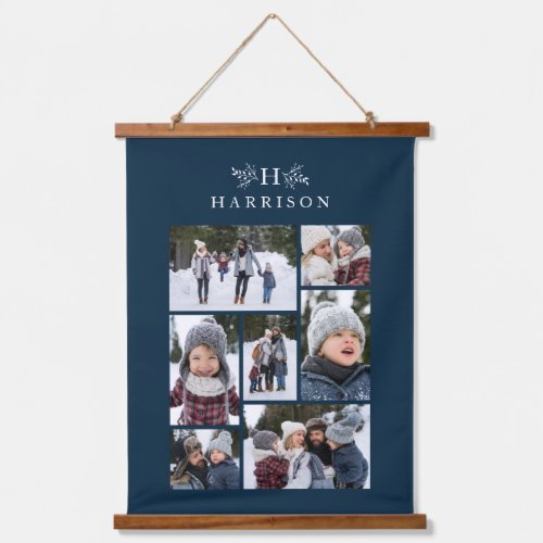 Family photo collage rustic monogram navy blue hanging tapestry
