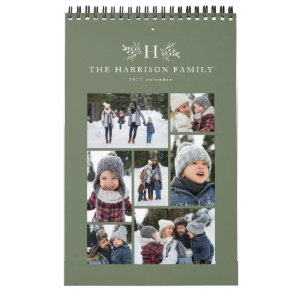Family photo collage rustic monogram sage green calendar