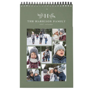 Family photo collage rustic monogram sage green calendar