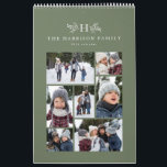 Family photo collage rustic monogram sage green calendar<br><div class="desc">With a variety of photo shapes, sizes and layouts, this photo calendar makes a perfect family gift. The cover features a collage of 7 photos and a rustic monogram above custom text. The background is a popular sage green color. This calendar with its variety of photo sizes and shapes makes...</div>