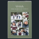 Family photo collage rustic monogram sage green calendar<br><div class="desc">With a variety of photo shapes, sizes and layouts, this photo calendar makes a perfect family gift. The cover features a collage of 7 photos and a rustic monogram above custom text. The background is a popular sage green color. This calendar with its variety of photo sizes and shapes makes...</div>