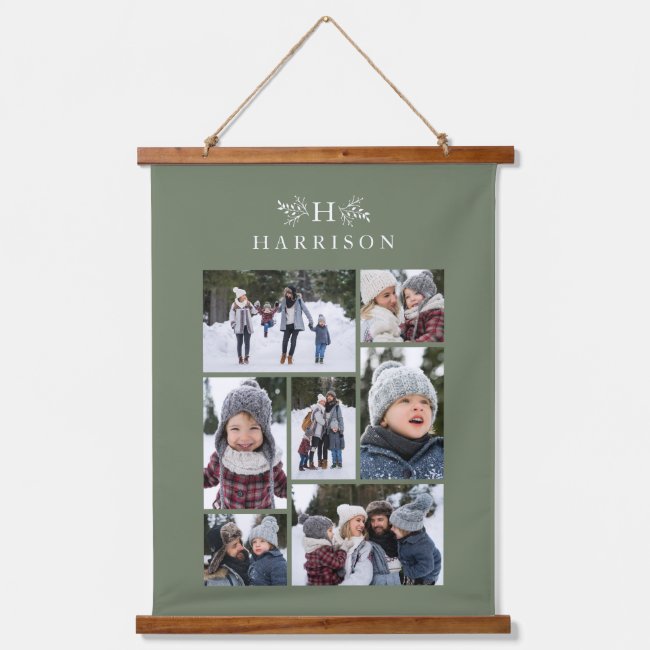 Family photo collage rustic monogram sage green hanging tapestry