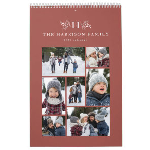 Family photo collage rustic terracotta monogram calendar