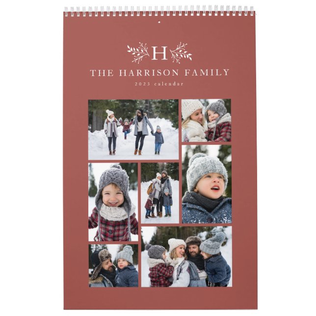 Family photo collage rustic terracotta monogram calendar (Cover)