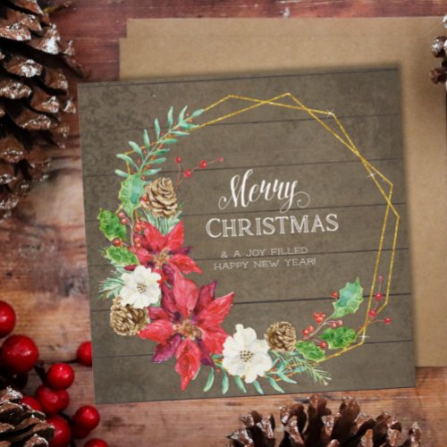 Family Photo Collage Rustic Wood n Gold Floral Holiday Card