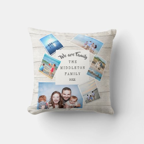 Family Photo Collage Rustic Wood Scattered Throw Pillow