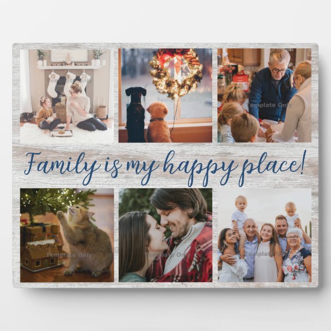 Family Photo Collage Rustic Wood Script Plaque (Front)