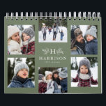 Family photo collage sage green monogram calendar<br><div class="desc">With a variety of photo shapes, sizes and layouts, this photo calendar makes a perfect family gift. The cover features a collage of 6 photos around a rustic monogram and custom text. The background is a soft sage green. This calendar with its variety of photo sizes and shapes makes a...</div>