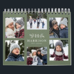 Family photo collage sage green monogram calendar<br><div class="desc">With a variety of photo shapes, sizes and layouts, this photo calendar makes a perfect family gift. The cover features a collage of 6 photos around a rustic monogram and custom text. The background is a soft sage green. This calendar with its variety of photo sizes and shapes makes a...</div>
