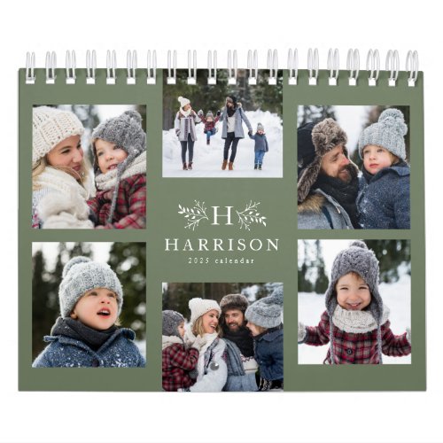 Family photo collage sage green monogram calendar