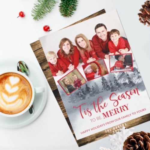 Family Photo Collage Season to be Merry Rustic Holiday Card