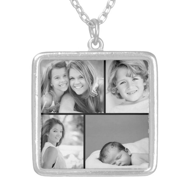Family Photo Collage Silver Plated Necklace (Front)